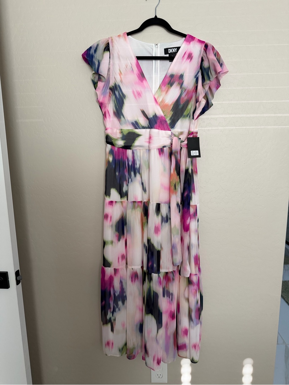 DKNY Pink & Green Watercolor Wrap Maxi Dress